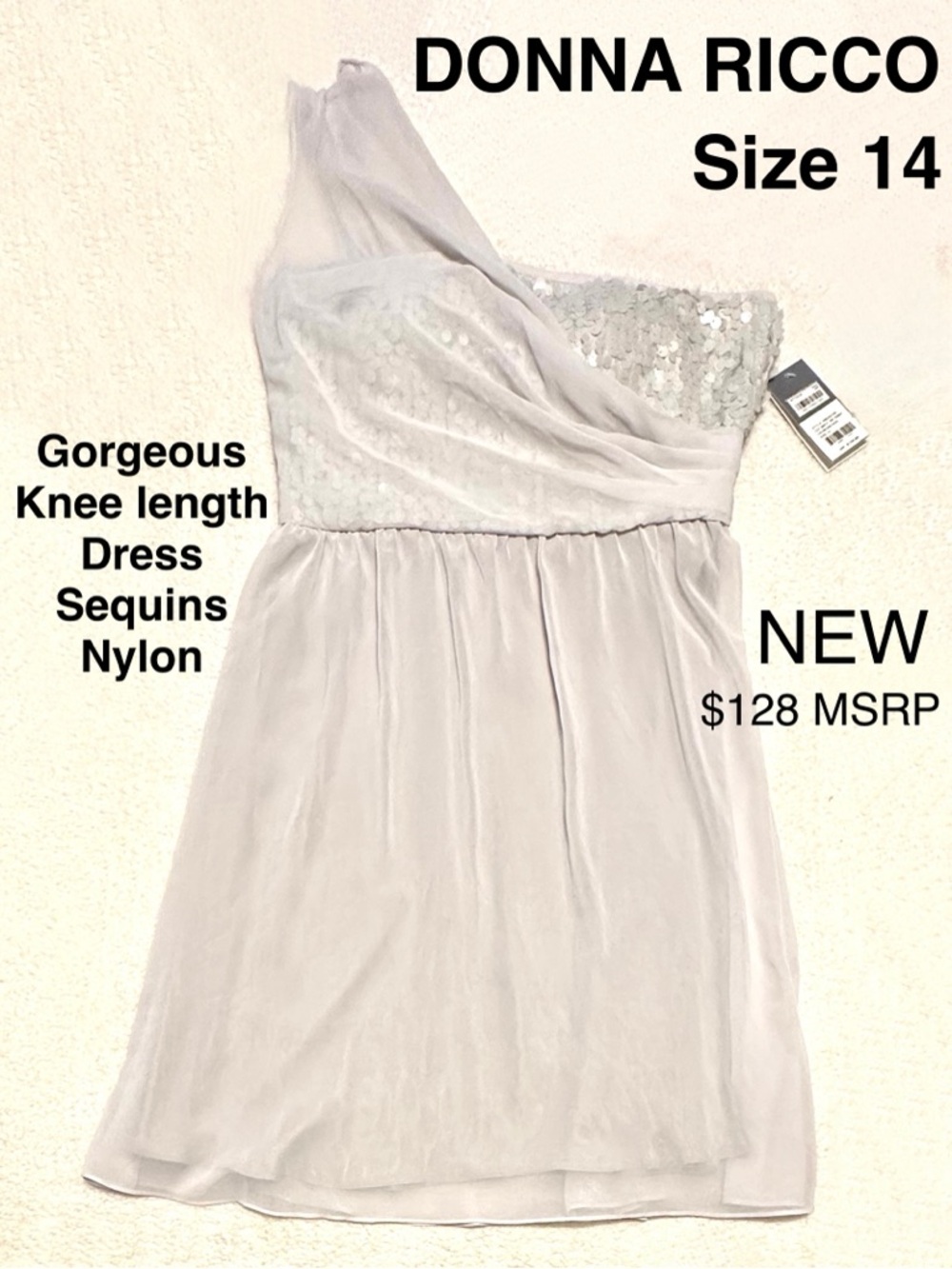 Donna Ricco One-Shoulder Sequin Bodice Dress in Silver Special Occasions